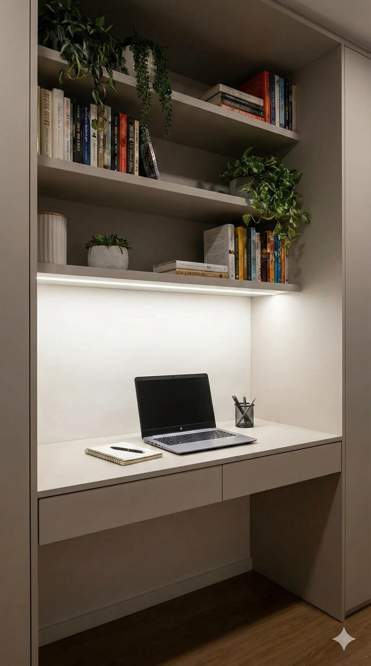 Escritorio en nicho con luz bajo la repisa