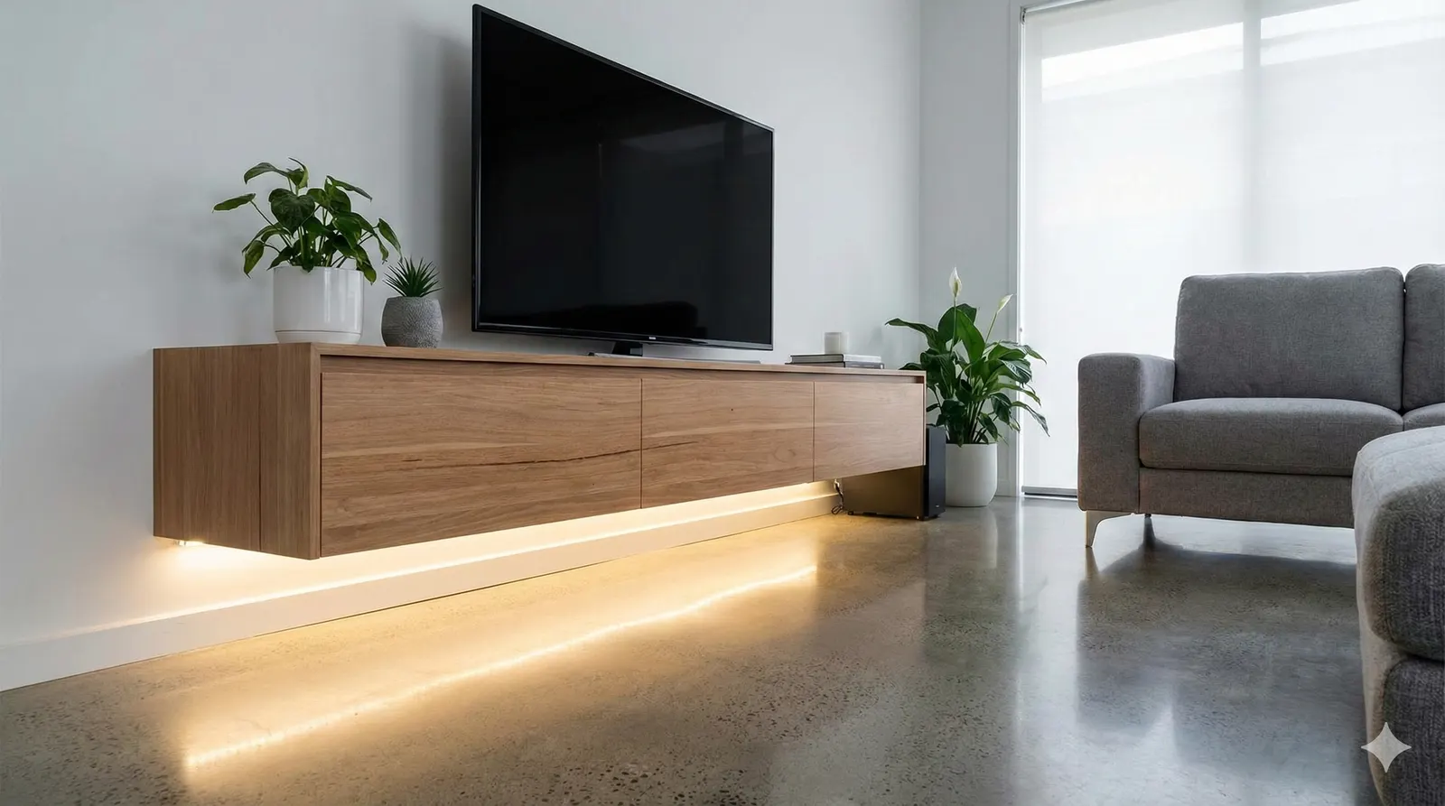 Mueble de TV flotante con luz cálida inferior