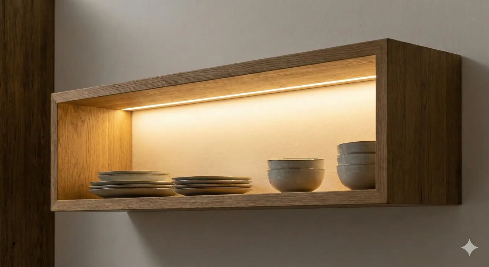 Repisa de madera con luz cálida sobre la vajilla