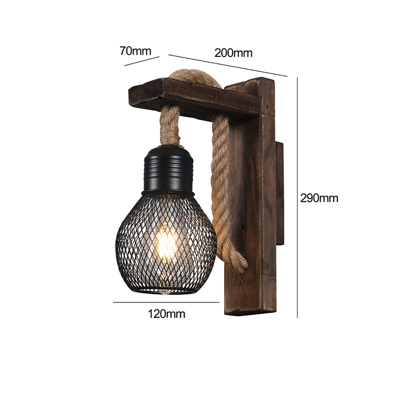 Lampara aplique de Pared E27 con Malla y Madera Negra – Diseño Industrial - Ledinnova